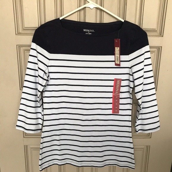 Merona T Shirt SzXS Blue/White Stripe Contrast Yoke 3/4 Sleeves NWT - Picture 5 of 8